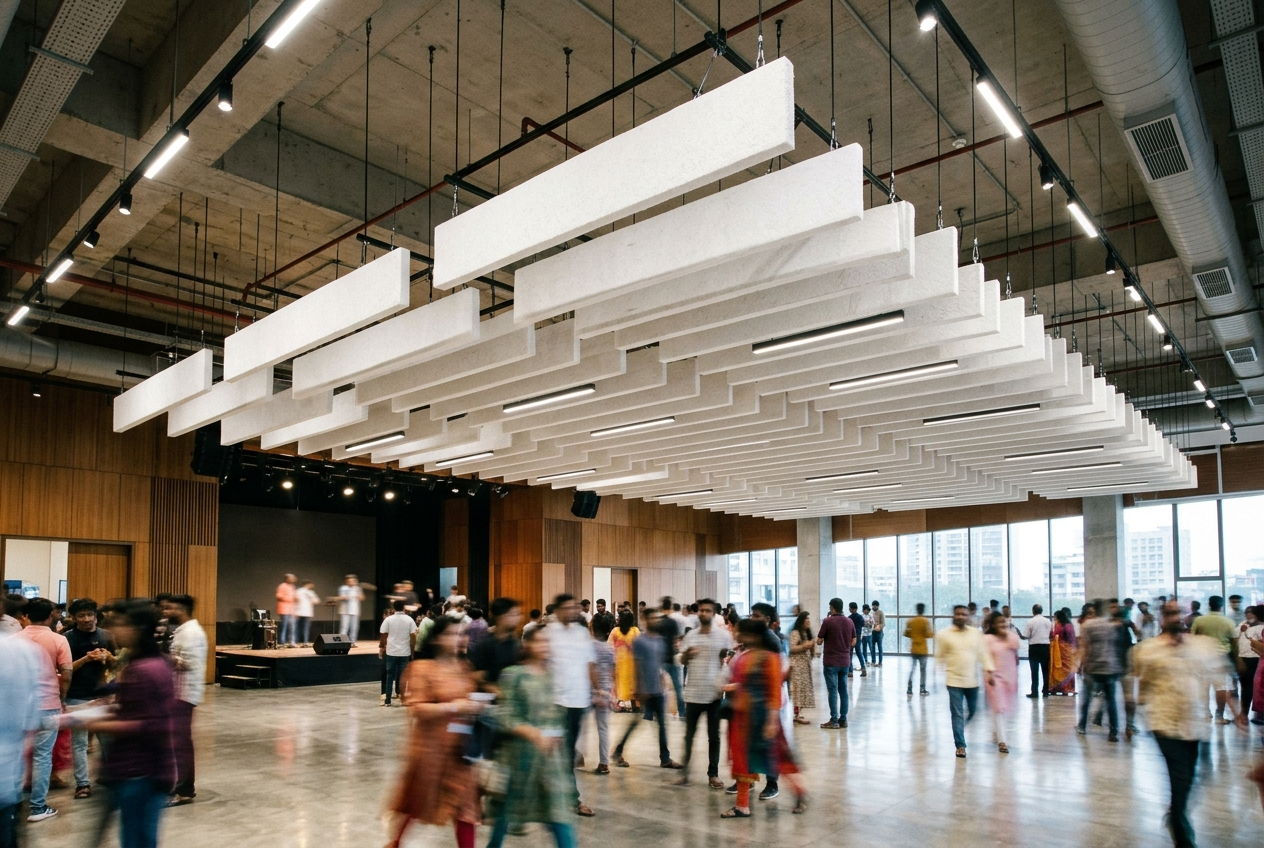 White Acoustic Baffles In Multipurpose Hall | Amazone By Furnitech